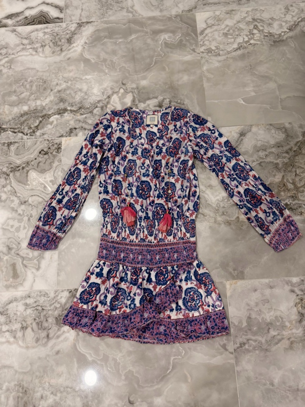 Floral Paisley Long-Sleeve Midi Dress with Tassel Tie in Pink & Blue
